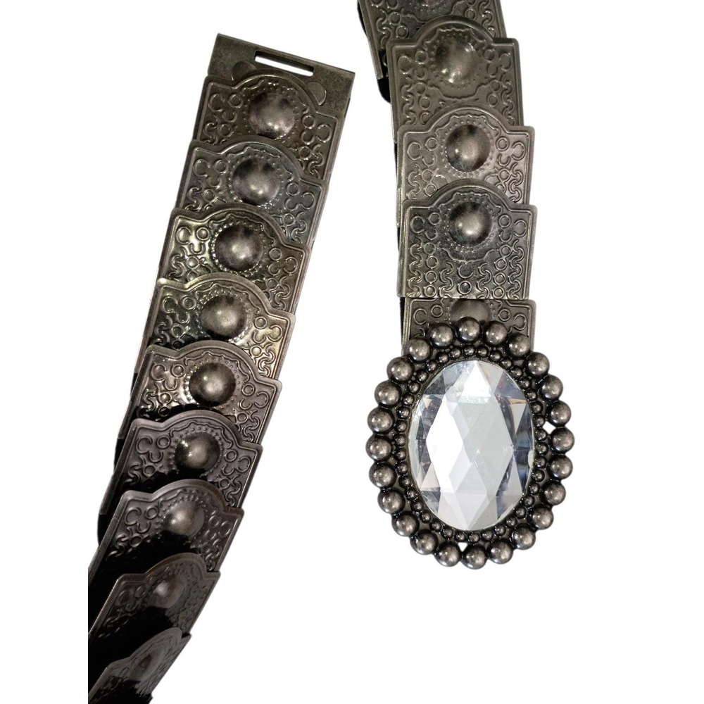 Vintage 80s Silver Tone Concho Stretch Belt Rhinestone Buckle Western Boho Disco - Picture 6 of 8